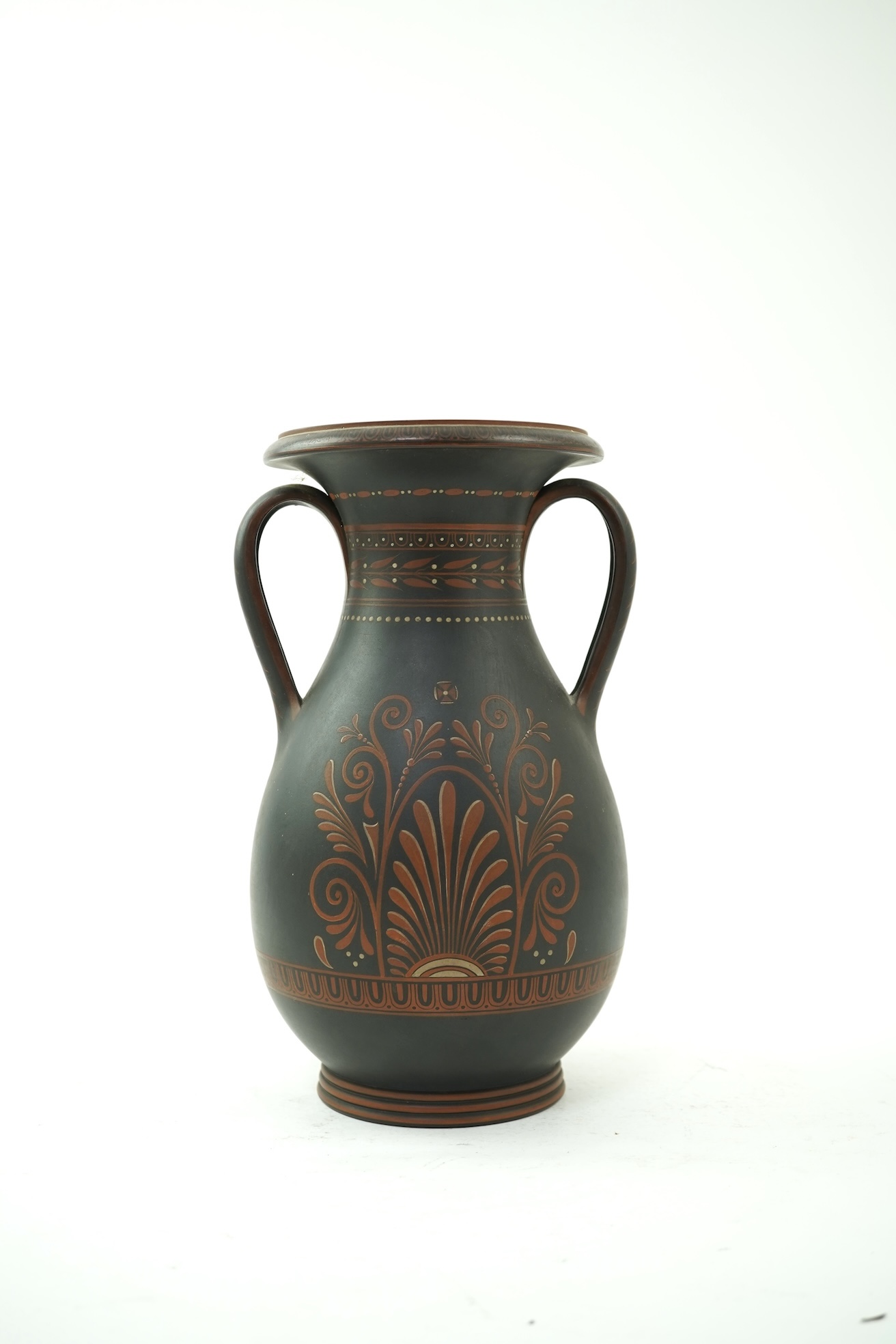 A rare Wedgwood encaustic decorated black basalt two handled baluster vase, late 18th century